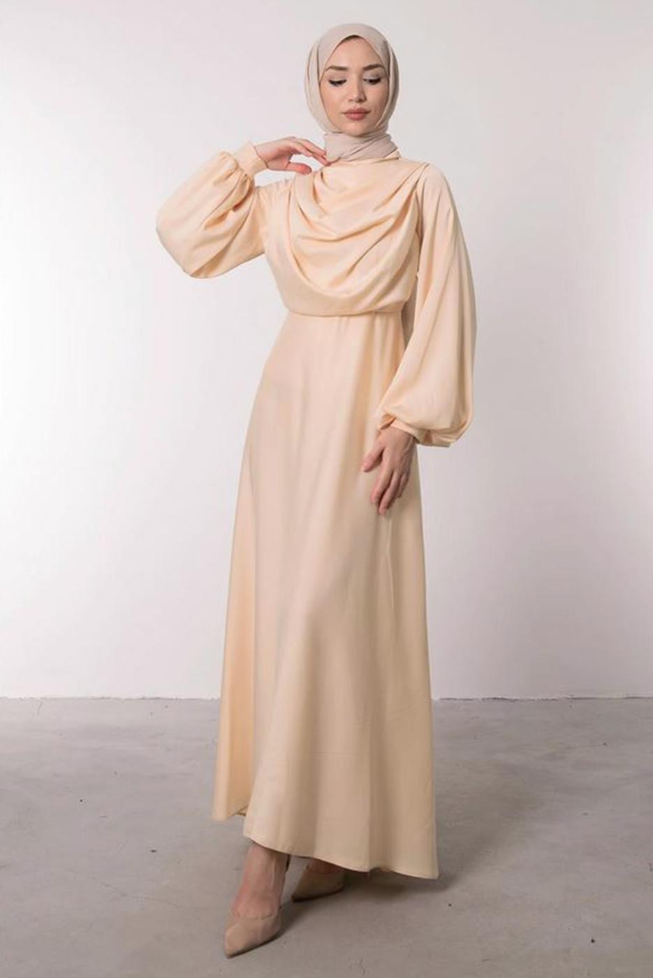 Tesettür giyim BEJ SATEN ABİYE ELBİSE T 0595