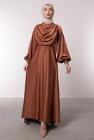 Tesettür giyim KAHVE SATEN ABİYE ELBİSE T 0595