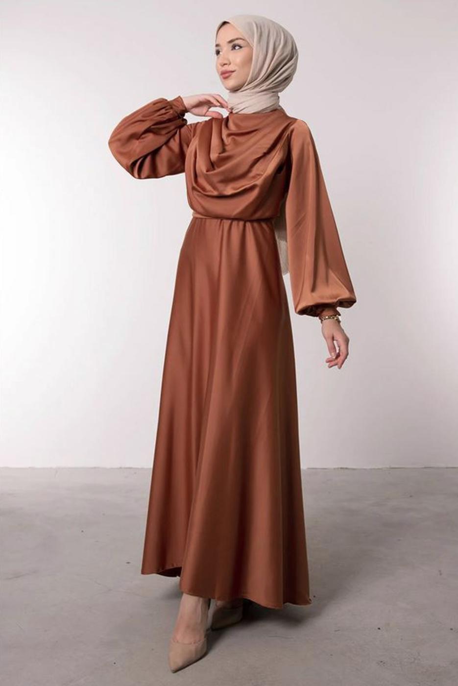 Tesettür giyim KAHVE SATEN ABİYE ELBİSE T 0595