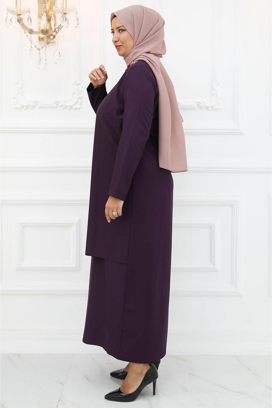 Tesettür giyim MOR TAŞLI ABİYE ELBİSE T 1921