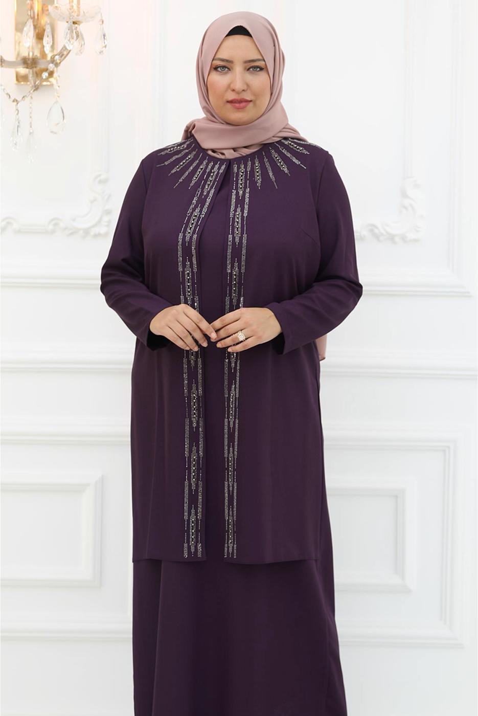 Tesettür giyim MOR TAŞLI ABİYE ELBİSE T 1921
