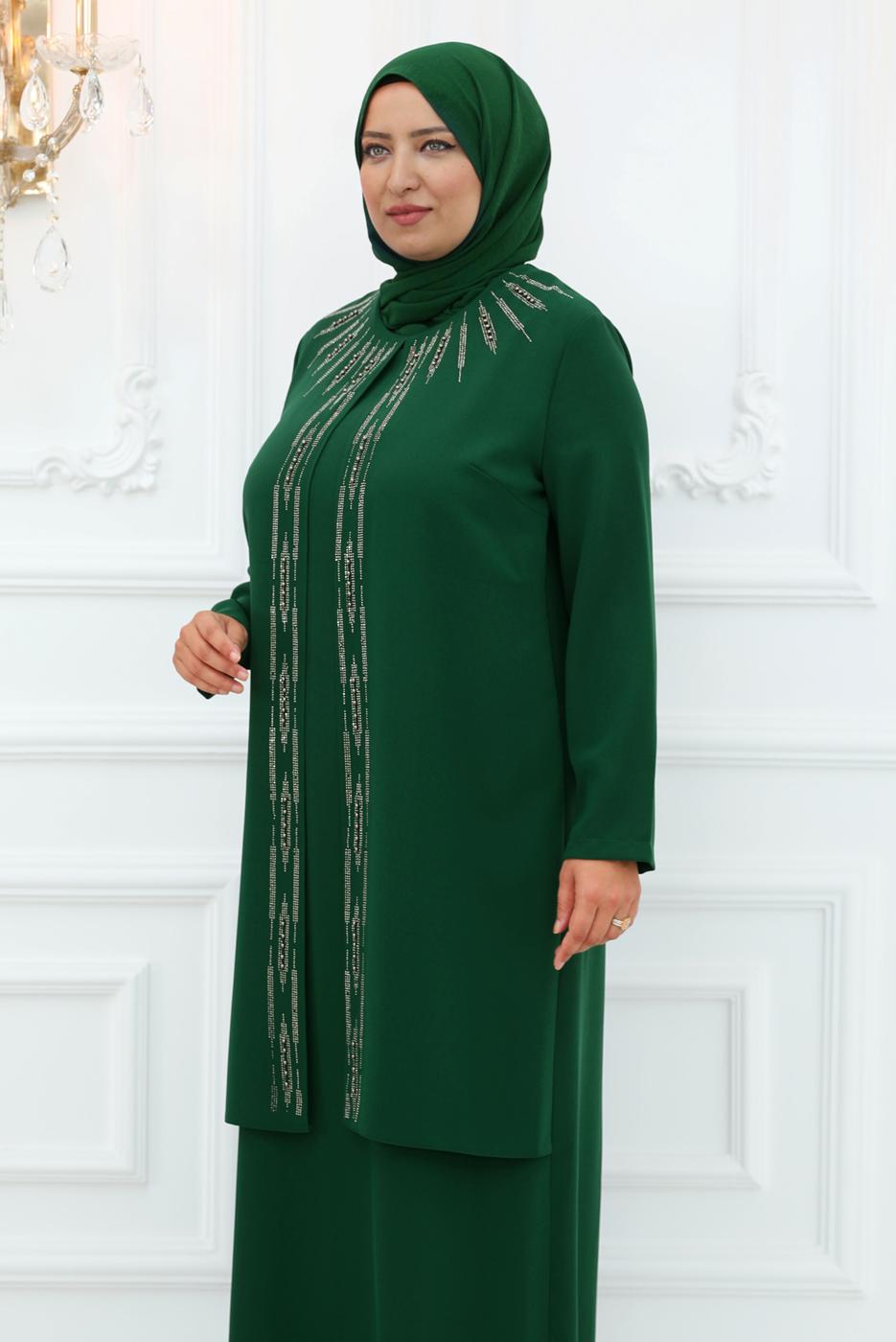 Hijab clothing GREEN EVENING DRESS WITH GEM T 1921