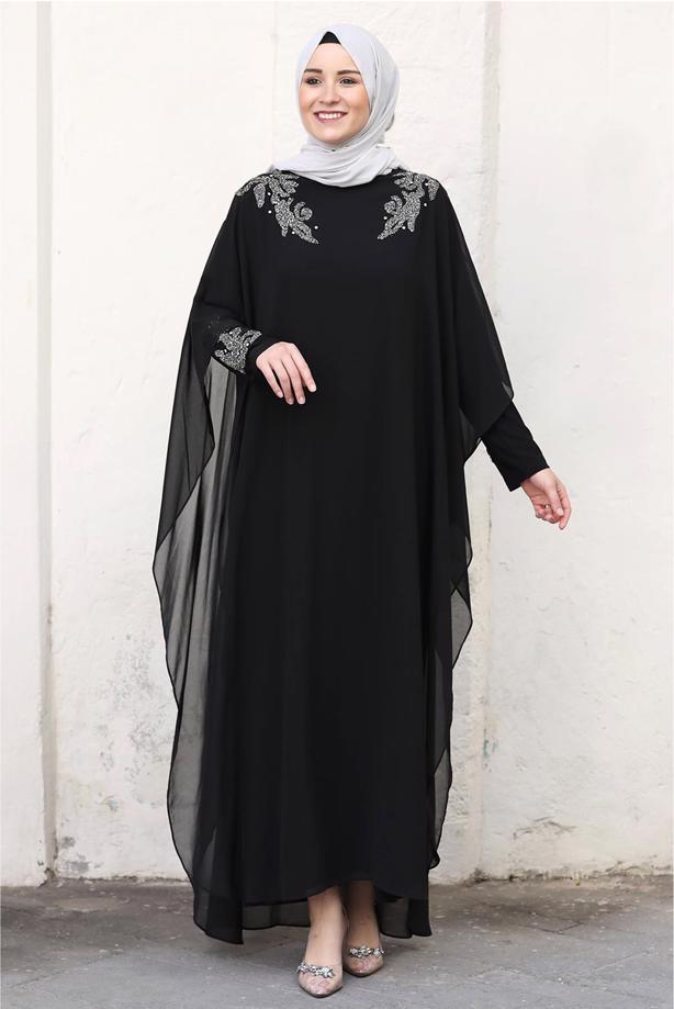 Tesettür giyim SİYAH PELERİNLİ ABİYE ELBİSE T 4031 - TRENDTESETTÜR