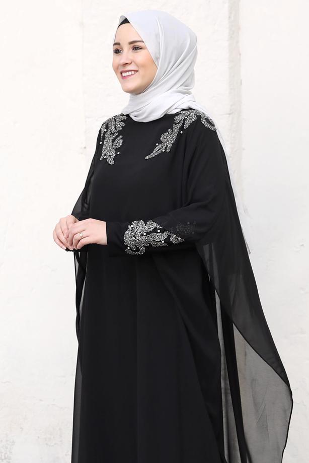 Tesettür giyim SİYAH PELERİNLİ ABİYE ELBİSE T 4031 - TRENDTESETTÜR