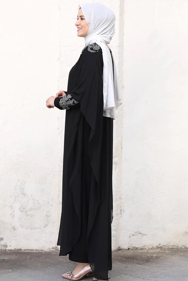 Tesettür giyim SİYAH PELERİNLİ ABİYE ELBİSE T 4031 - TRENDTESETTÜR