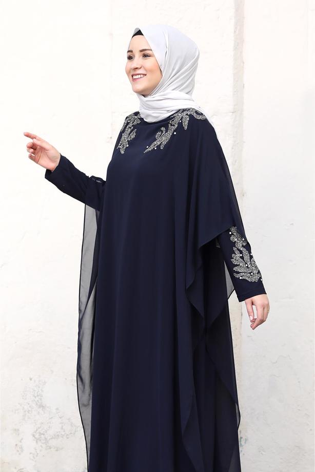 Tesettür giyim LACİVERT PELERİNLİ ABİYE ELBİSE T 4031 - TRENDTESETTÜR