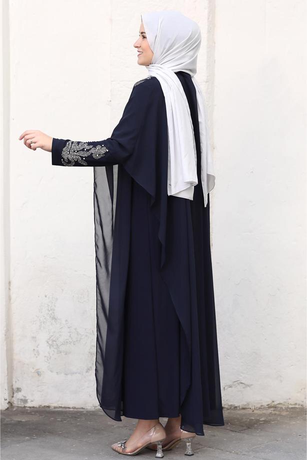 Tesettür giyim LACİVERT PELERİNLİ ABİYE ELBİSE T 4031 - TRENDTESETTÜR