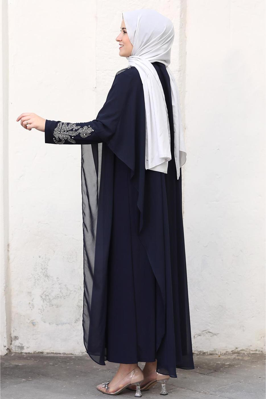 Tesettür giyim LACİVERT PELERİNLİ ABİYE ELBİSE T 4031