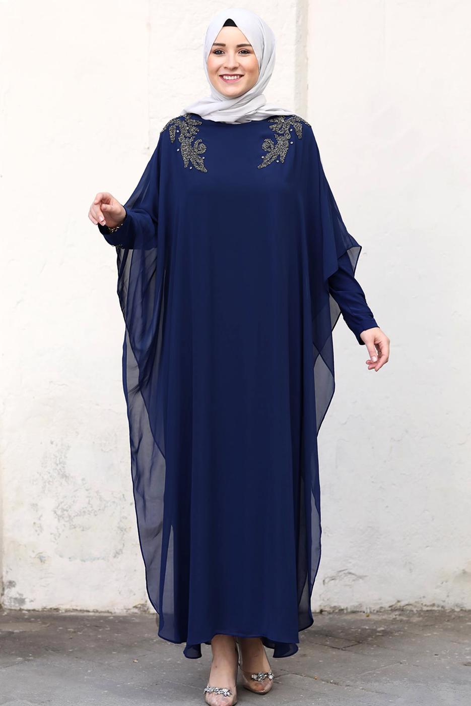 Tesettür giyim LACİVERT PELERİNLİ ABİYE ELBİSE T 4031