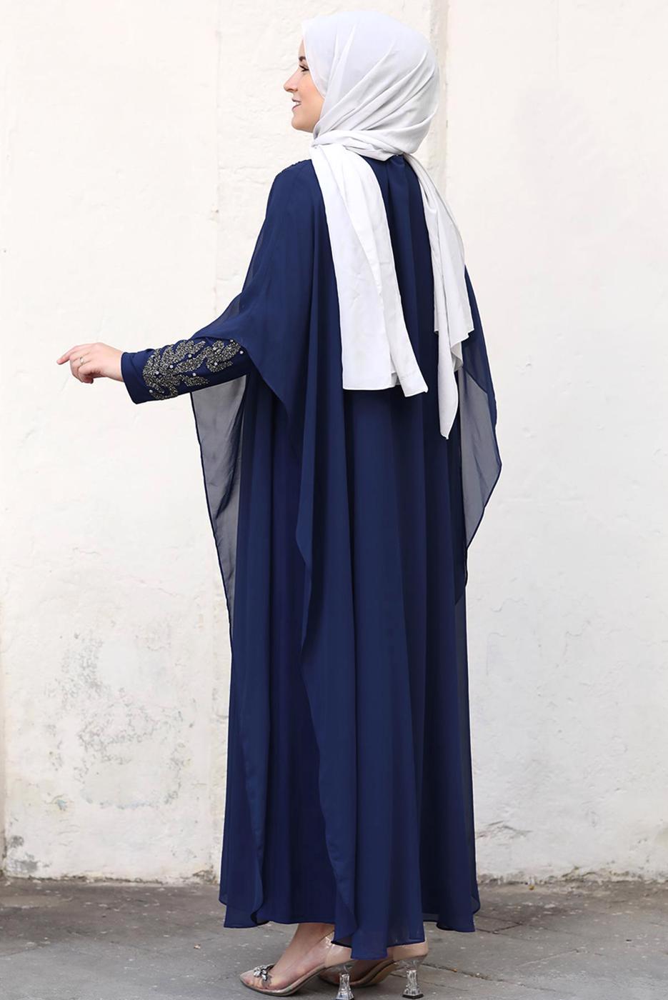 Tesettür giyim LACİVERT PELERİNLİ ABİYE ELBİSE T 4031
