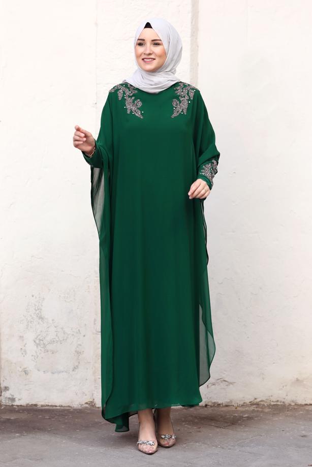 Tesettür giyim YEŞİL PELERİNLİ ABİYE ELBİSE T 4031 - TRENDTESETTÜR