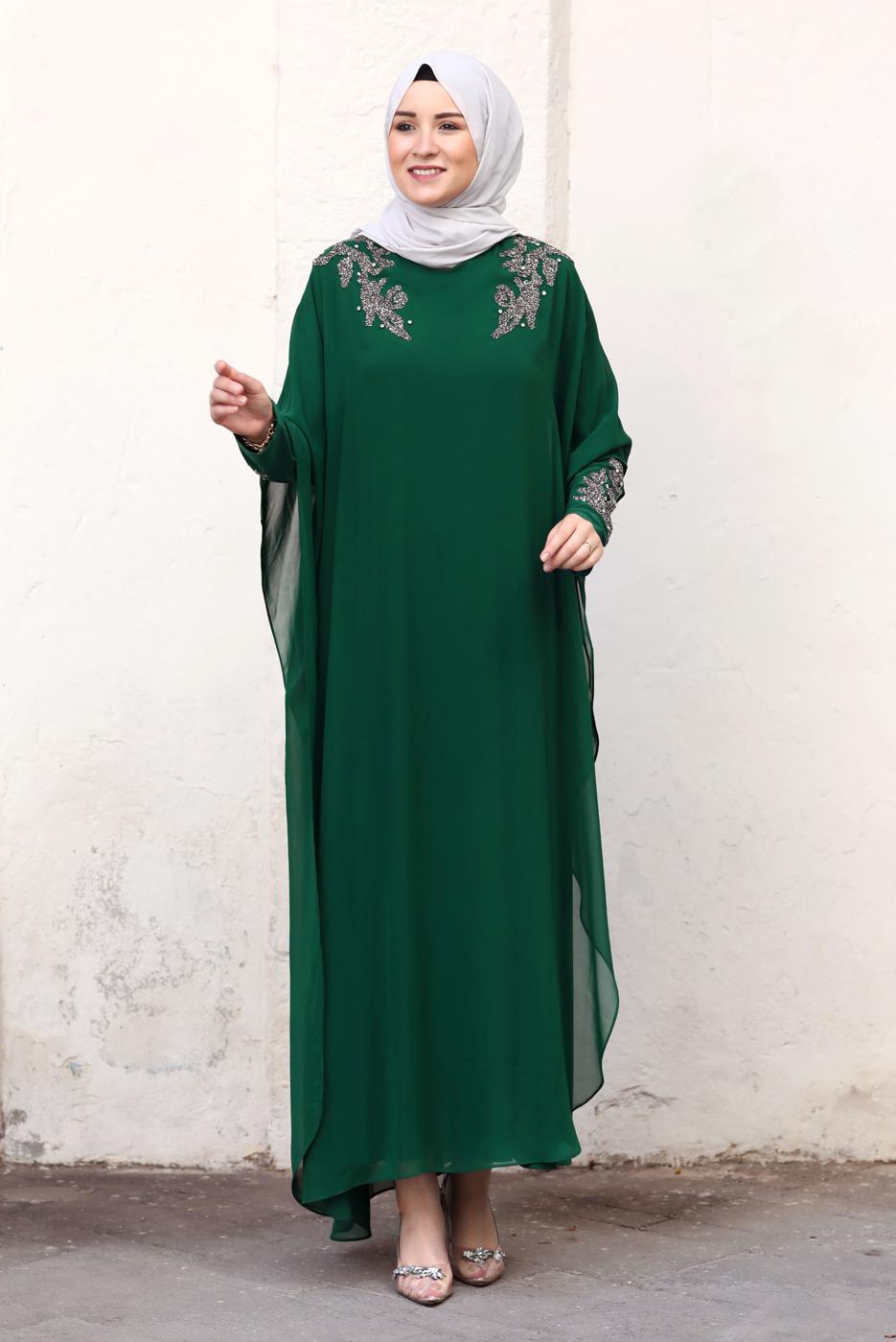 Tesettür giyim YEŞİL PELERİNLİ ABİYE ELBİSE T 4031