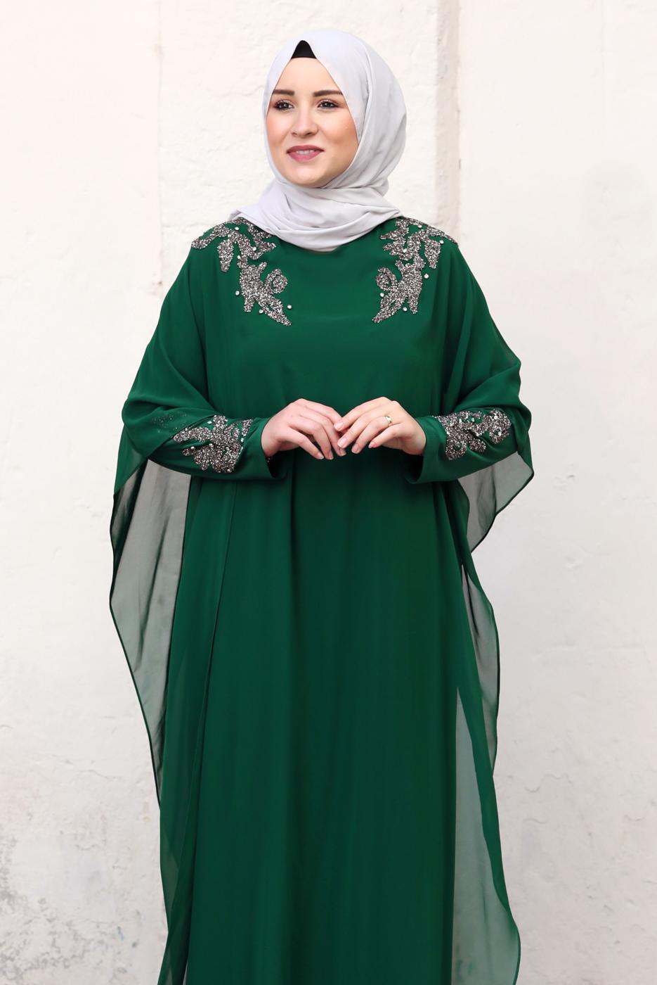 Tesettür giyim YEŞİL PELERİNLİ ABİYE ELBİSE T 4031