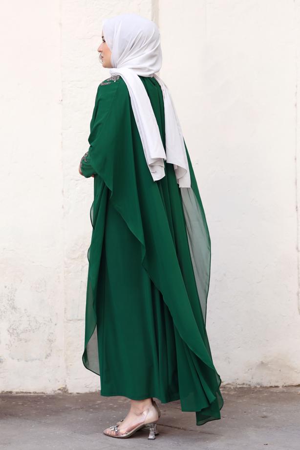 Tesettür giyim YEŞİL PELERİNLİ ABİYE ELBİSE T 4031 - TRENDTESETTÜR