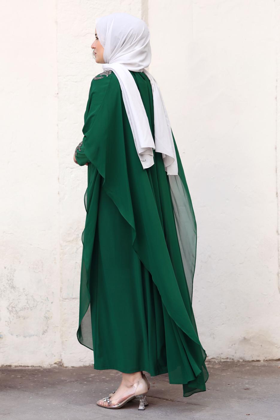 Tesettür giyim YEŞİL PELERİNLİ ABİYE ELBİSE T 4031