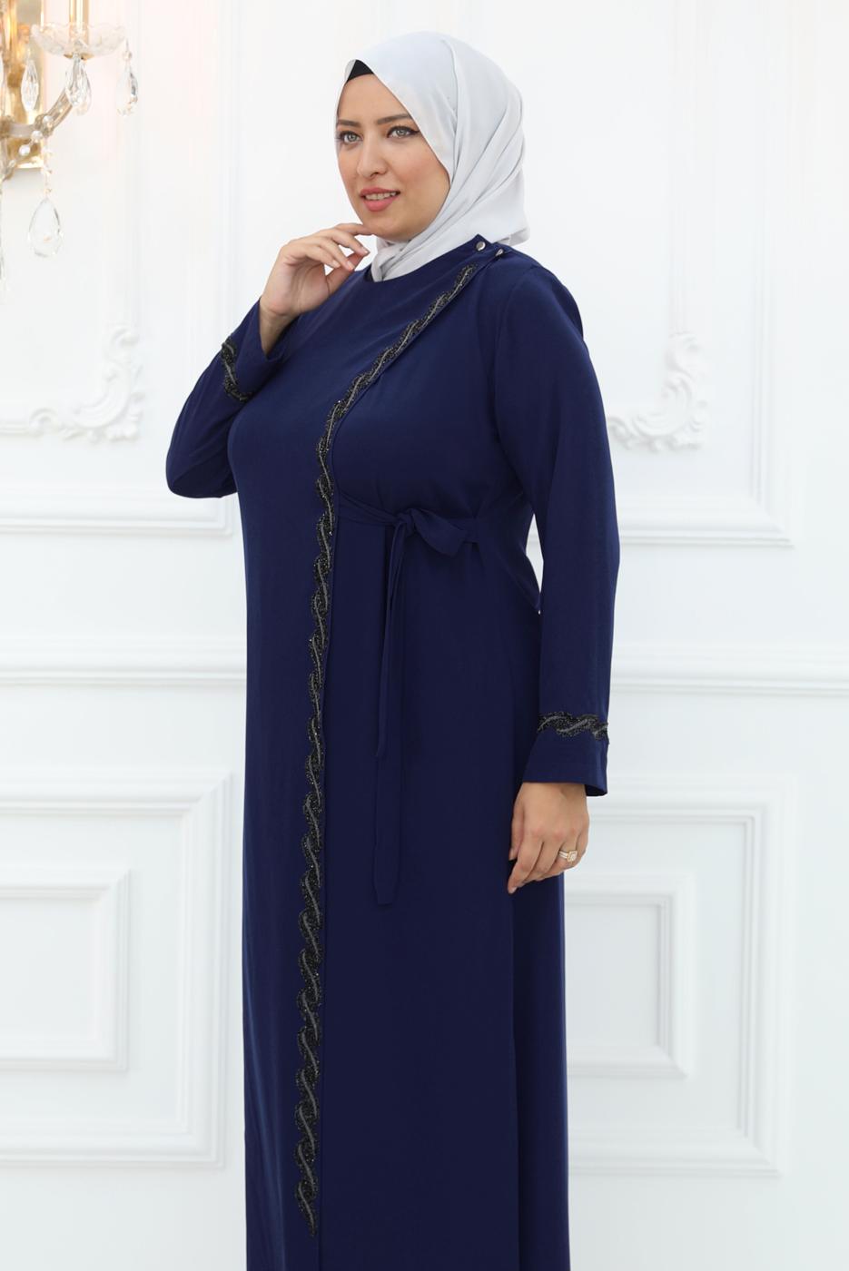 Tesettür giyim LACİVERT TAŞLI ABİYE ELBİSE T 8821