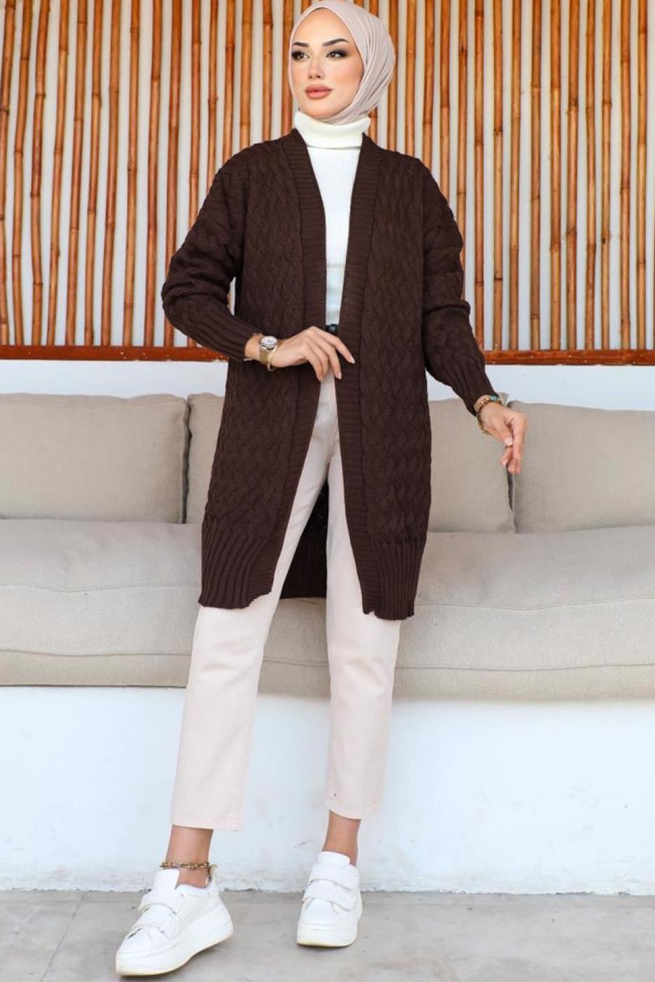 Tesettür giyim KAHVE TRİKO HIRKA T 0073