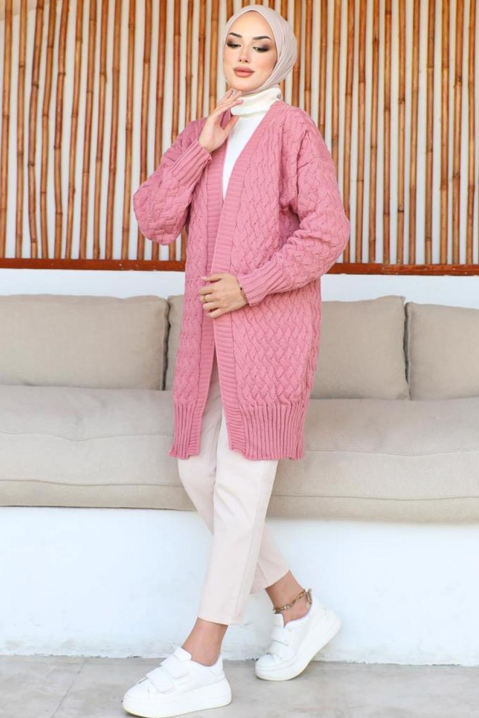 Tesettür giyim PEMBE TRİKO HIRKA T 0073