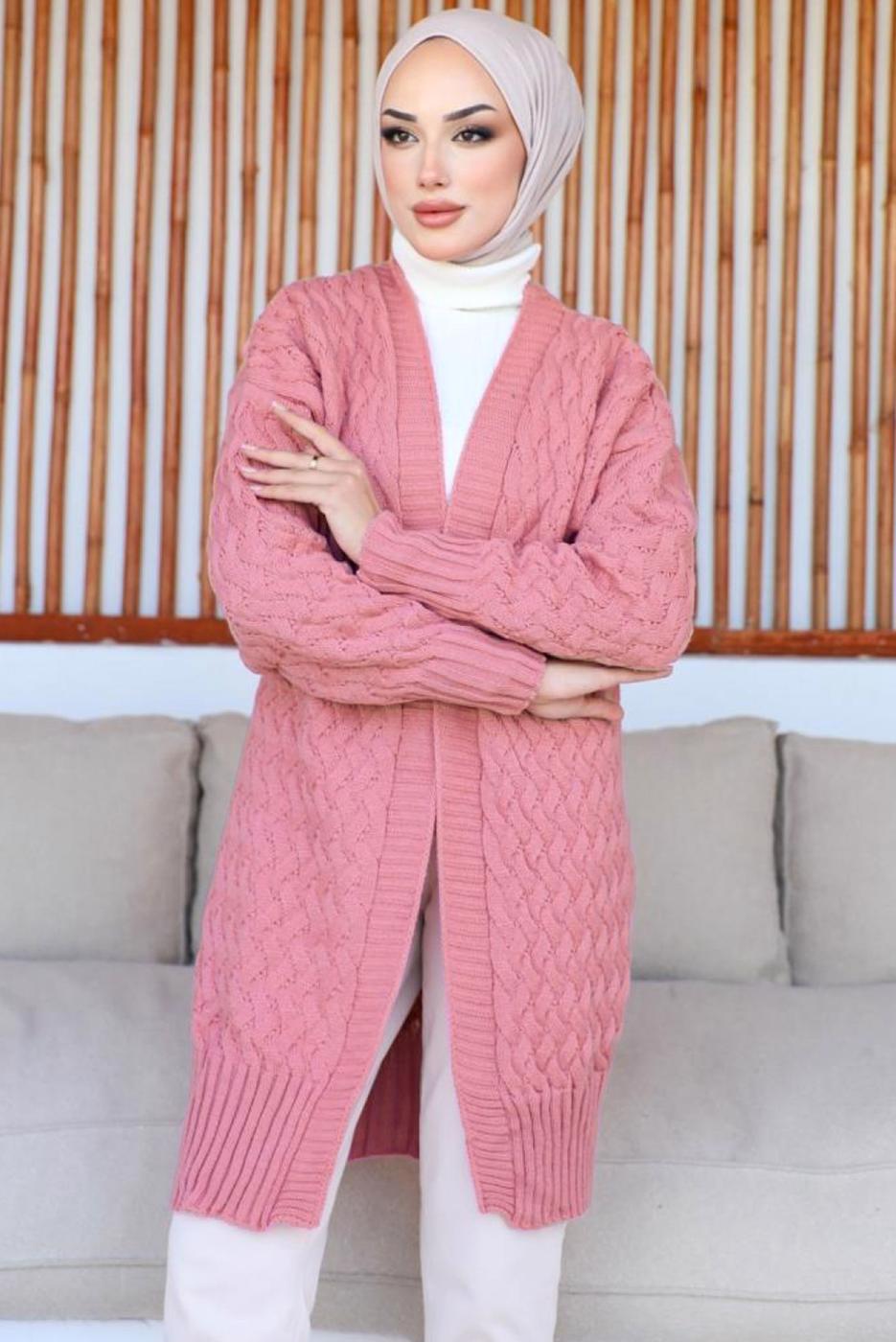 Tesettür giyim PEMBE TRİKO HIRKA T 0073