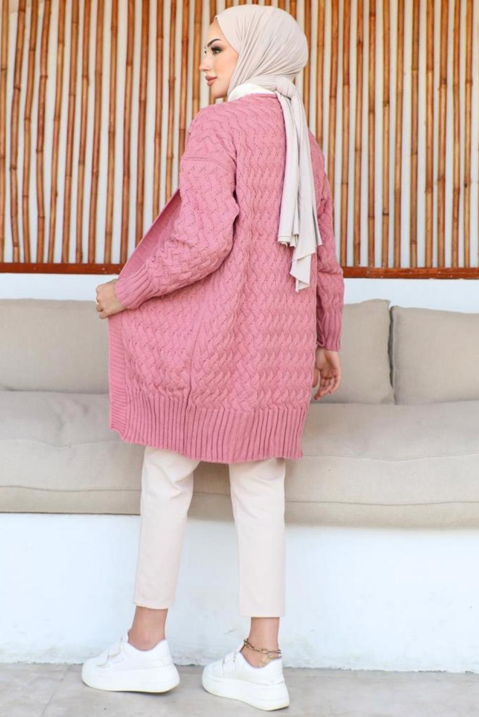 Tesettür giyim PEMBE TRİKO HIRKA T 0073