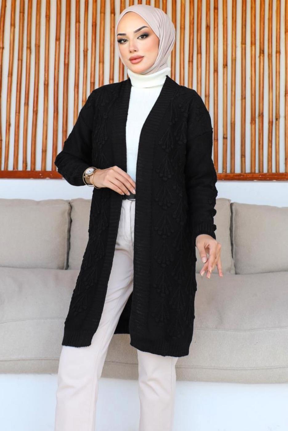 Tesettür giyim SİYAH KABARTMA DESENLİ TRİKO HIRKA T 0273