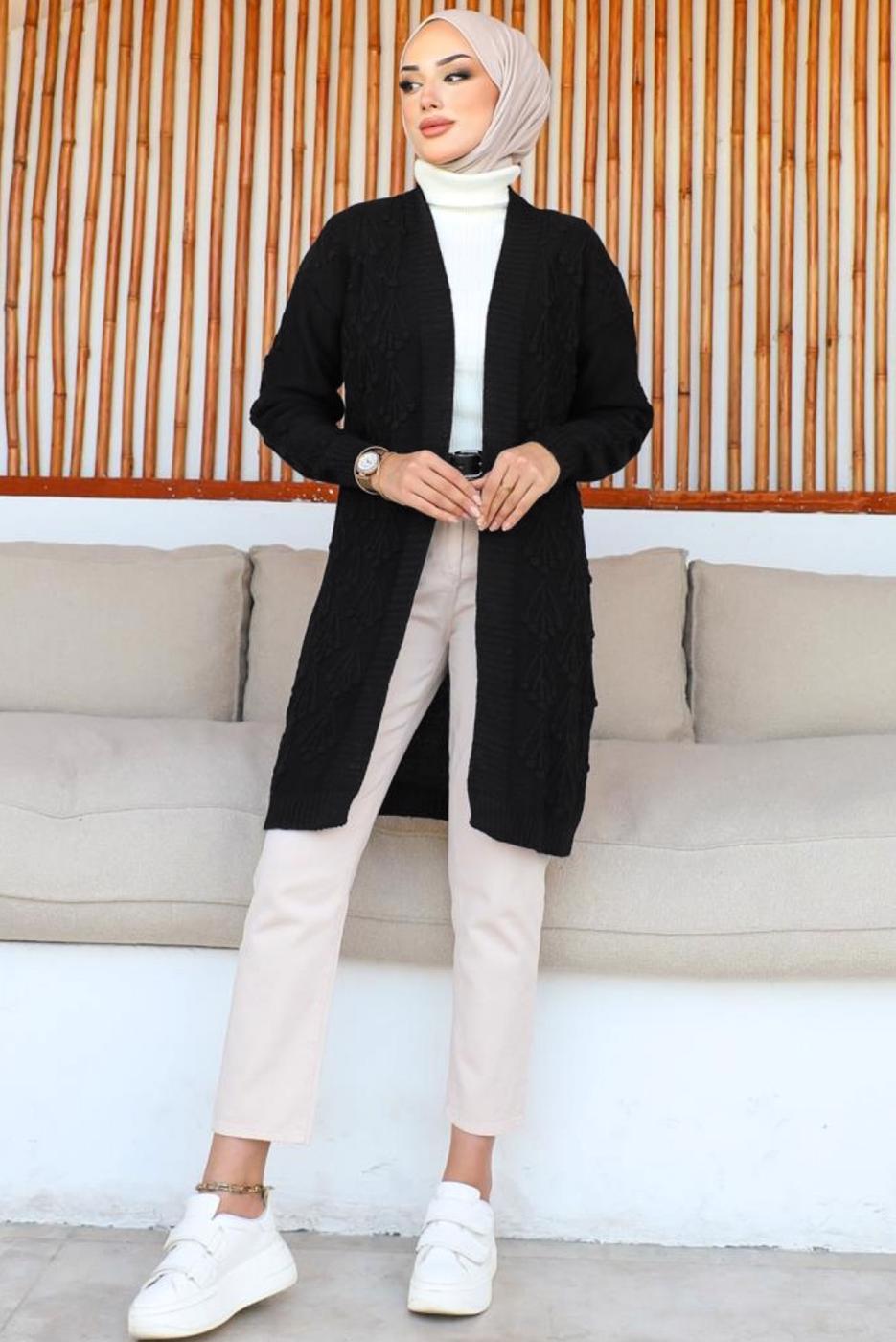 Tesettür giyim SİYAH KABARTMA DESENLİ TRİKO HIRKA T 0273