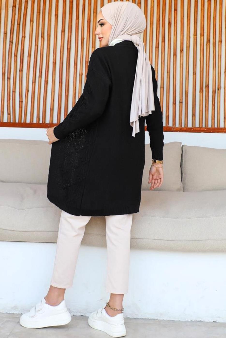 Tesettür giyim SİYAH KABARTMA DESENLİ TRİKO HIRKA T 0273