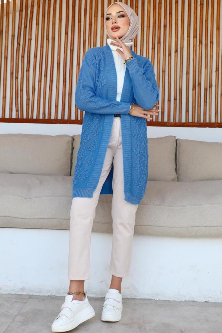 Tesettür giyim MAVİ KABARTMA DESENLİ TRİKO HIRKA T 0273