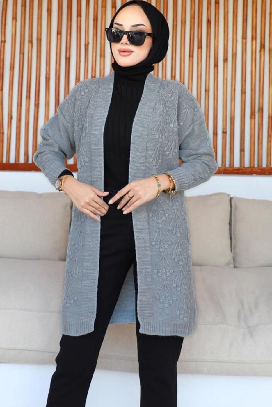 Tesettür giyim GRİ KABARTMA DESENLİ TRİKO HIRKA T 0273