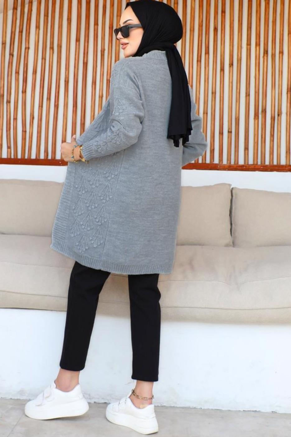 Tesettür giyim GRİ KABARTMA DESENLİ TRİKO HIRKA T 0273