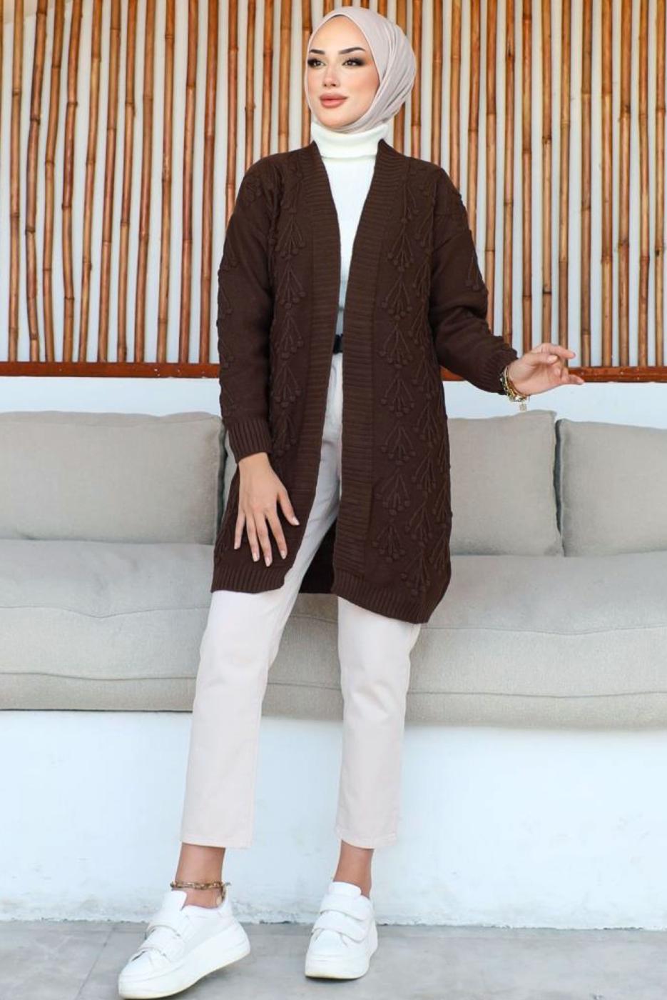 Tesettür giyim KAHVE KABARTMA DESENLİ TRİKO HIRKA T 0273