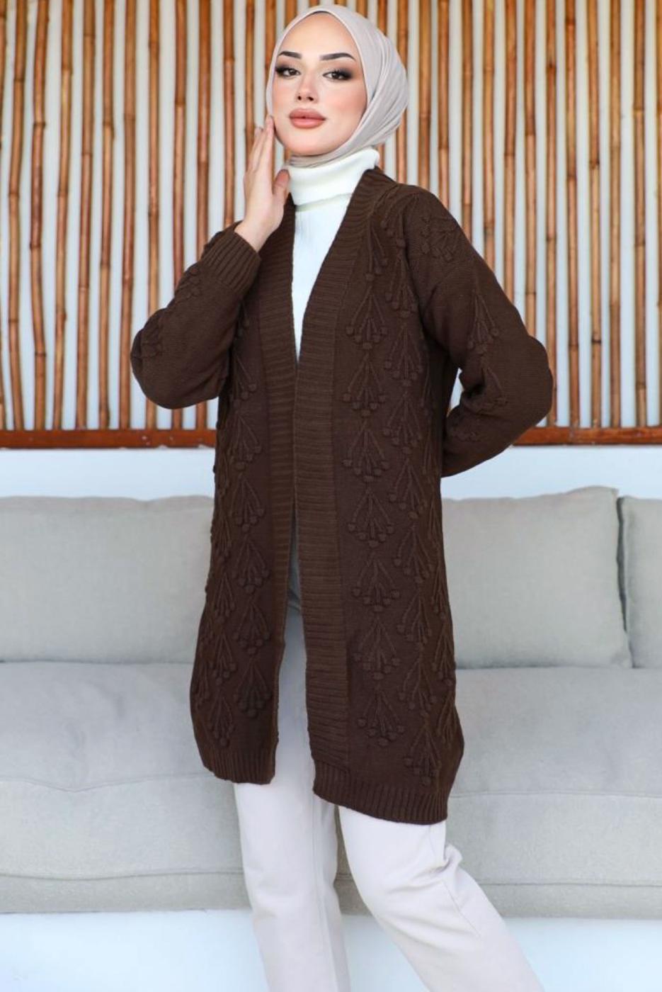 Tesettür giyim KAHVE KABARTMA DESENLİ TRİKO HIRKA T 0273