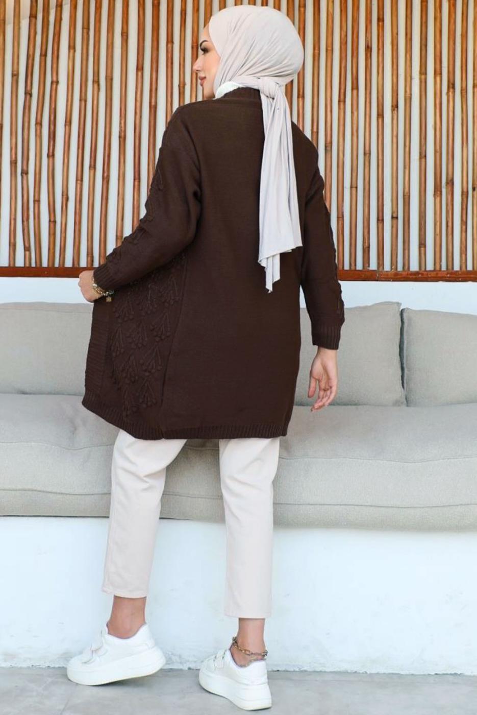 Tesettür giyim KAHVE KABARTMA DESENLİ TRİKO HIRKA T 0273