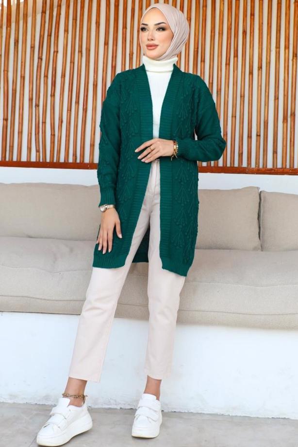 Tesettür giyim YEŞİL KABARTMA DESENLİ TRİKO HIRKA T 0273 - TRENDTESETTÜR