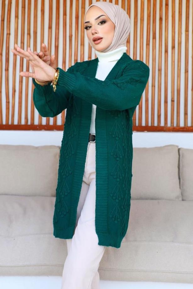 Tesettür giyim YEŞİL KABARTMA DESENLİ TRİKO HIRKA T 0273 - TRENDTESETTÜR