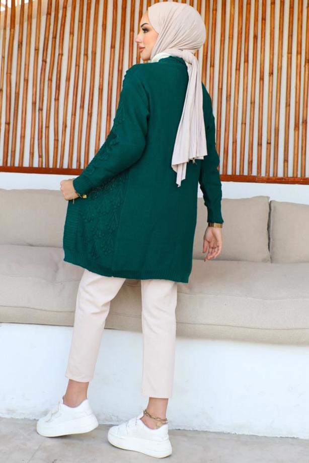 Tesettür giyim YEŞİL KABARTMA DESENLİ TRİKO HIRKA T 0273 - TRENDTESETTÜR