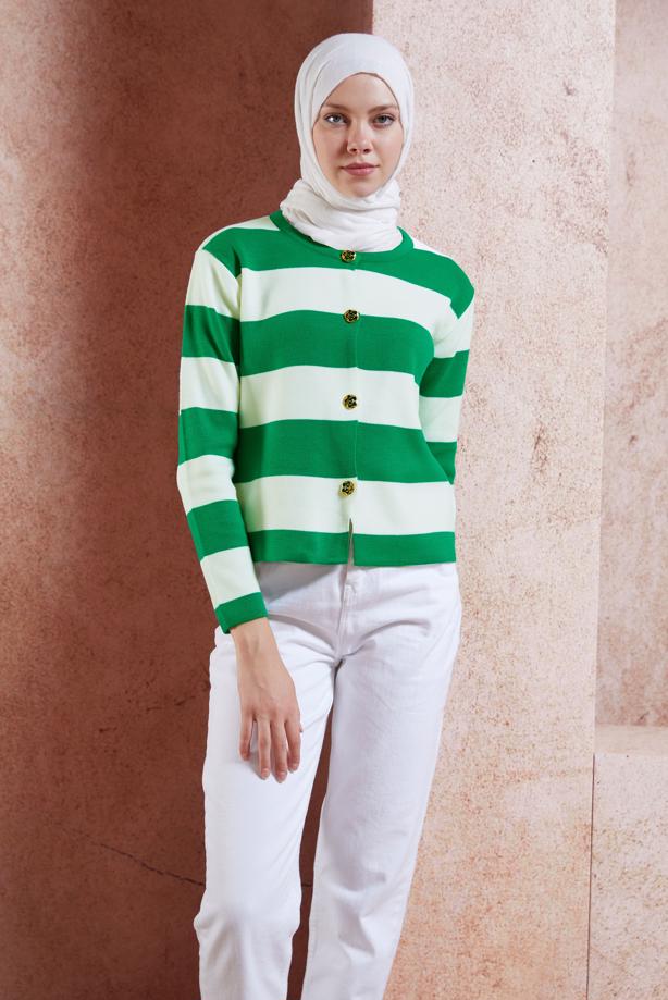 Tesettür giyim YEŞİL ÇİZGİLİ TRİKO HIRKA T 0503 - TRENDTESETTÜR