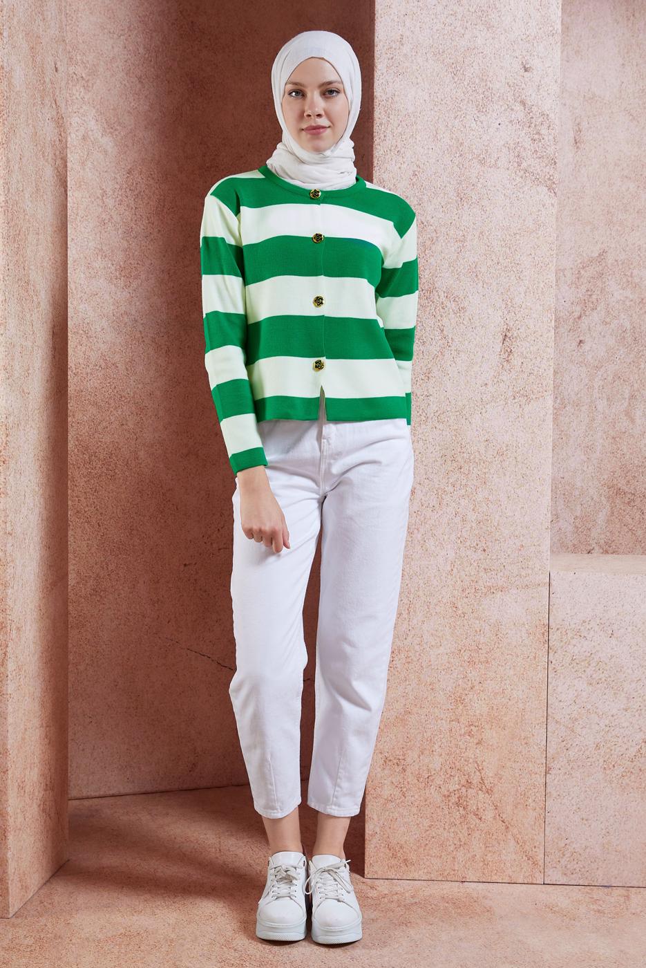 Hijab clothing GREEN STRIPED KNITWEAR CARDIGAN T 0503