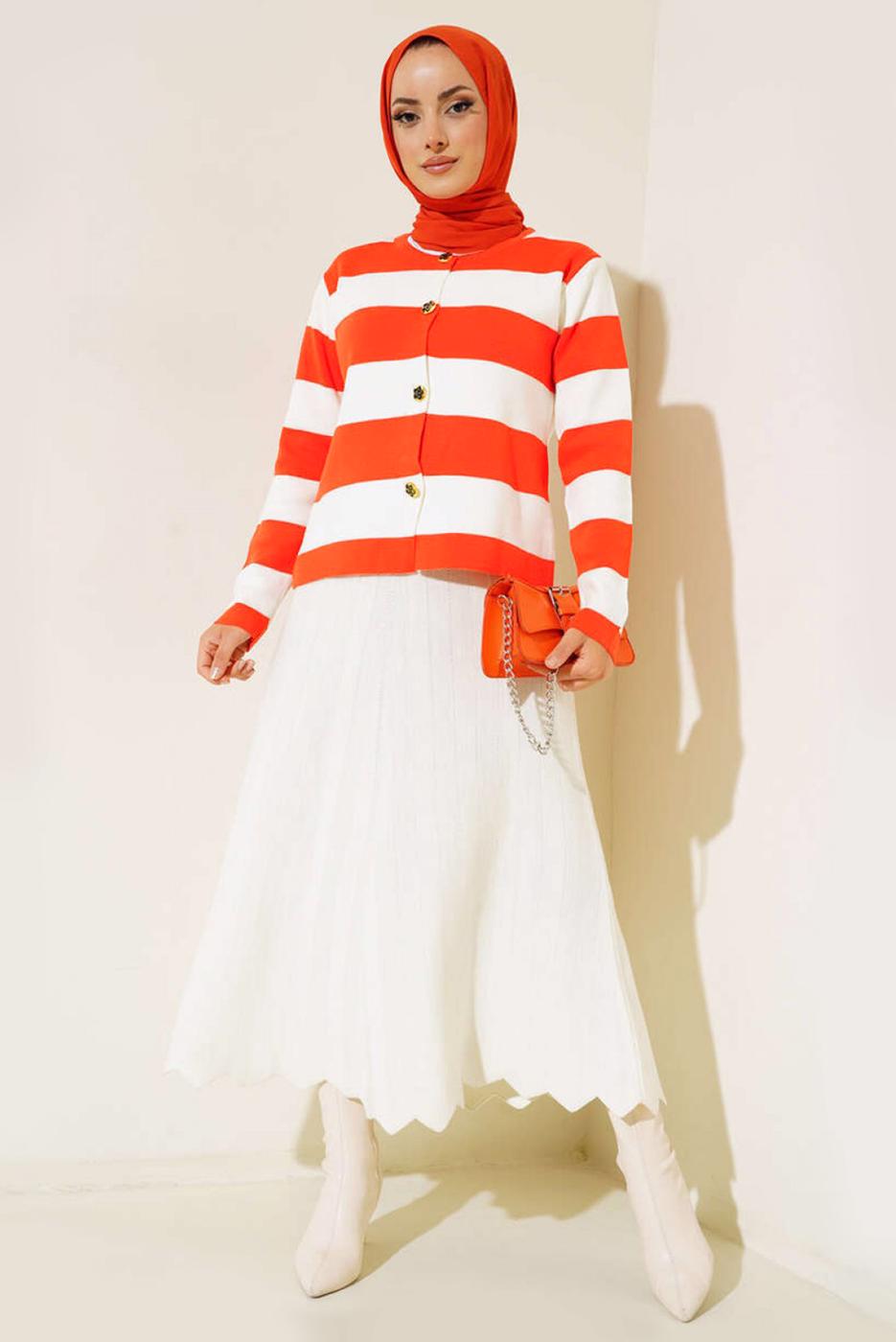 Hijab clothing ORANGE STRIPED KNITWEAR CARDIGAN T 0503