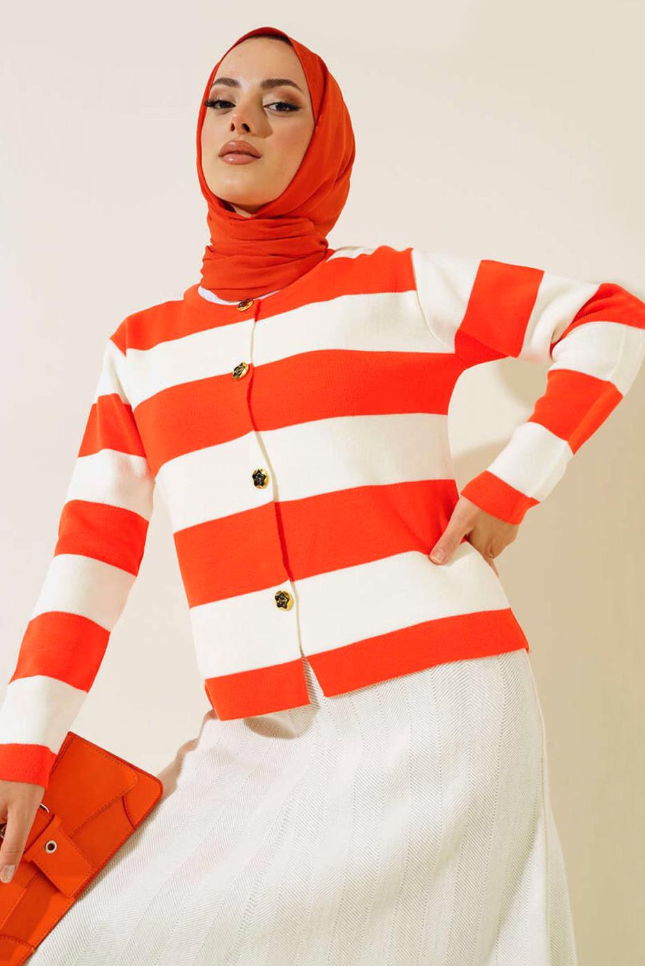 Hijab clothing ORANGE STRIPED KNITWEAR CARDIGAN T 0503