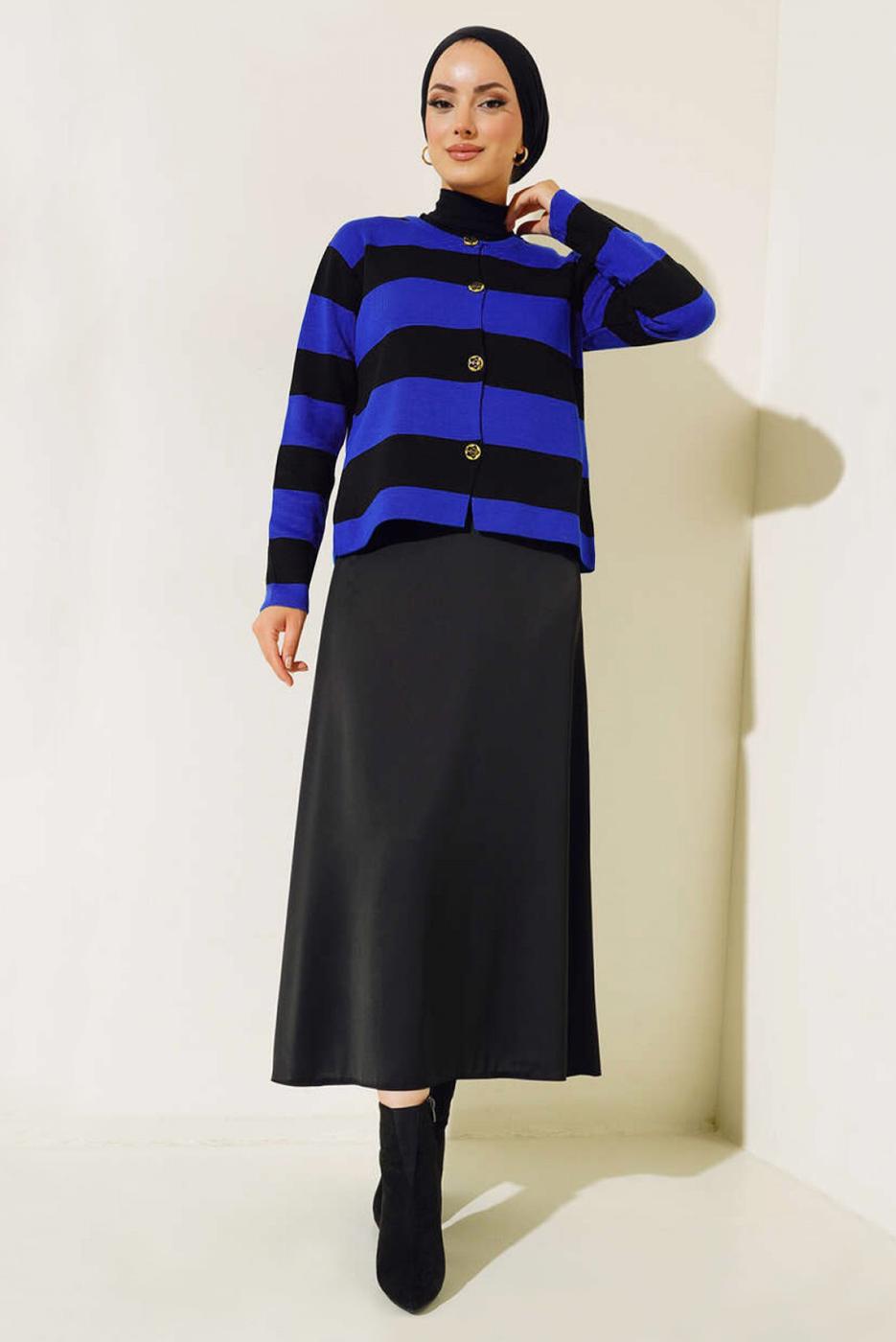 Tesettür giyim LACİVERT ÇİZGİLİ TRİKO HIRKA T 0503