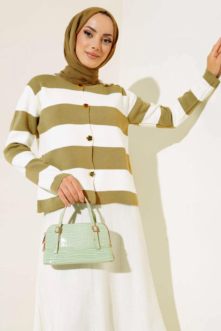 Tesettür giyim YEŞİL ÇİZGİLİ TRİKO HIRKA T 0503