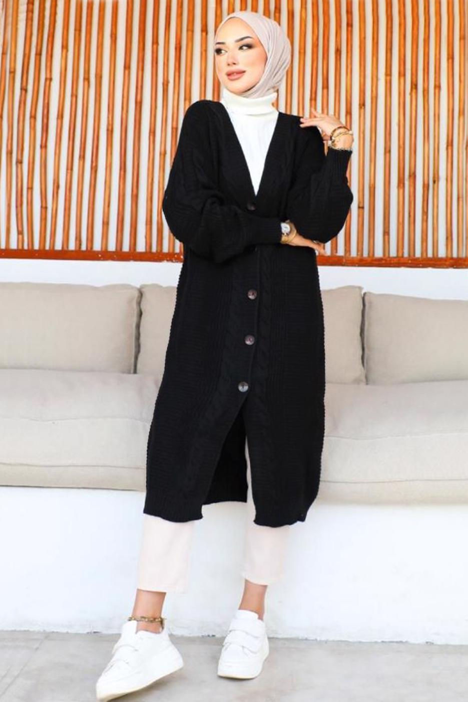 Tesettür giyim SİYAH UZUN TRİKO HIRKA T 0763