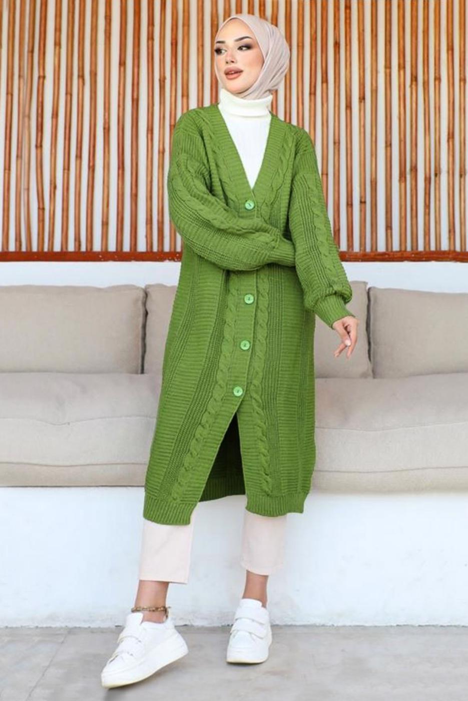 Tesettür giyim YEŞİL UZUN TRİKO HIRKA T 0763