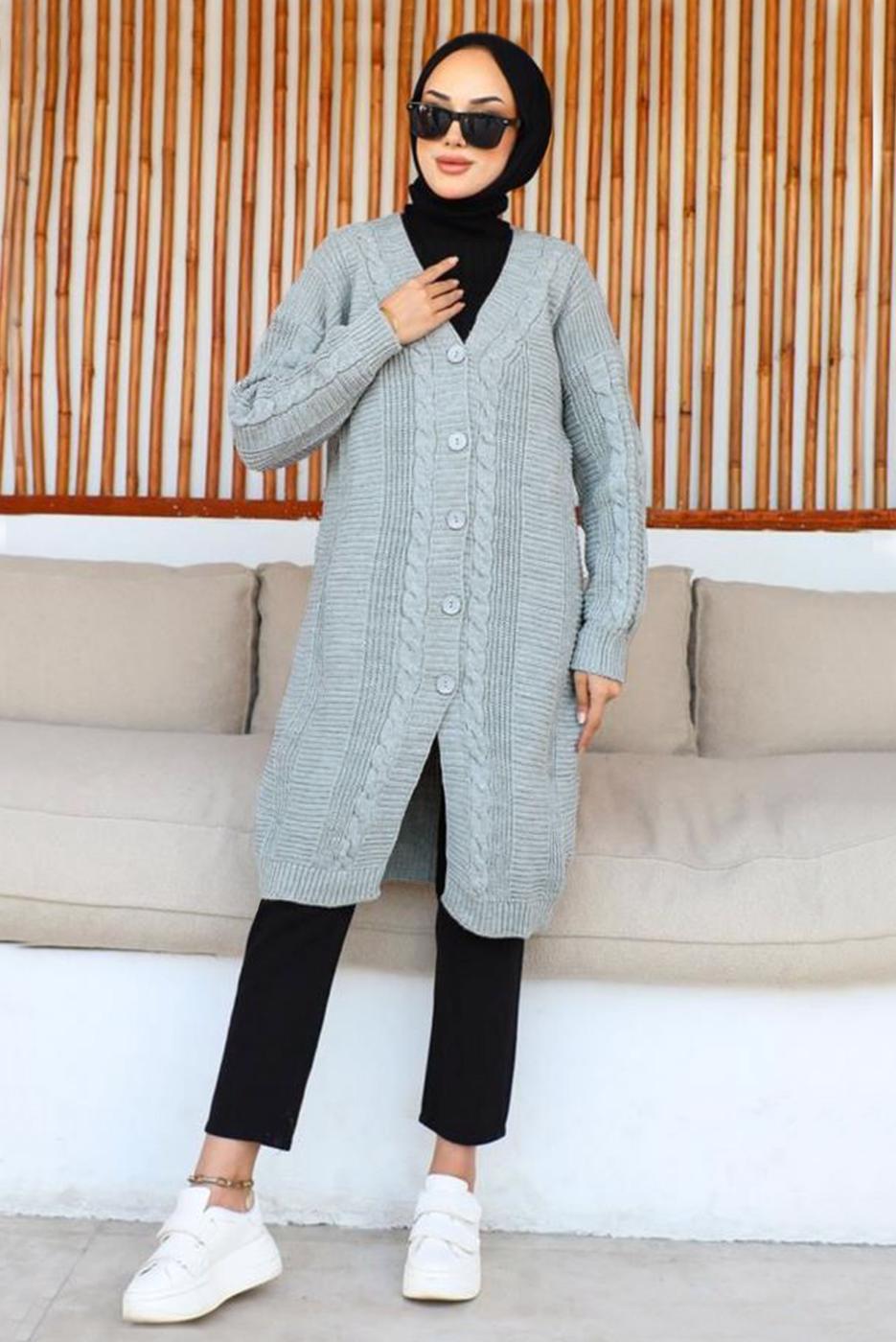 Tesettür giyim GRİ UZUN TRİKO HIRKA T 0763