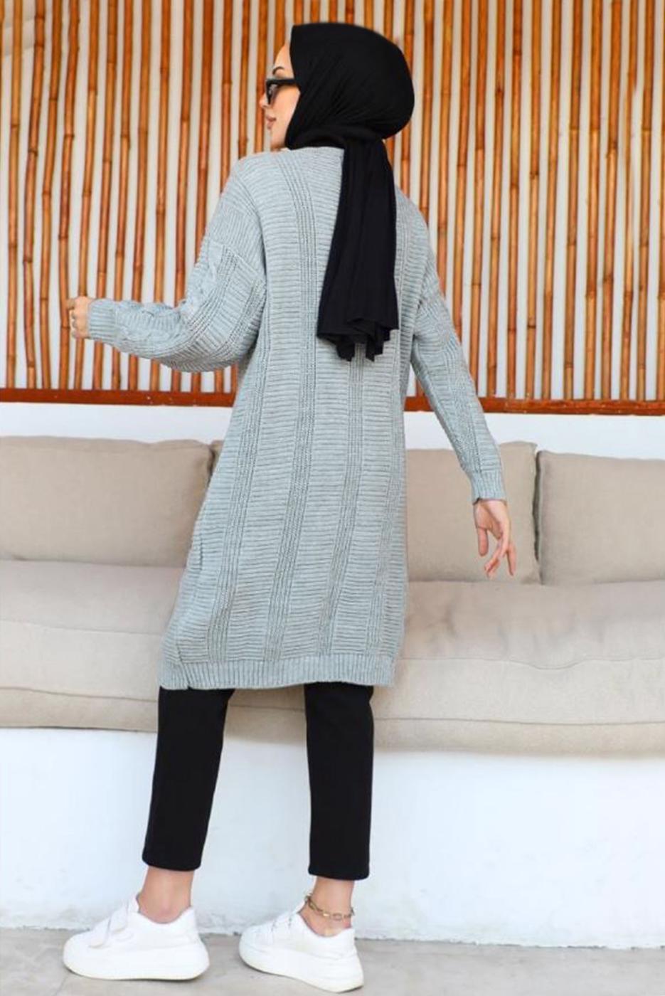 Tesettür giyim GRİ UZUN TRİKO HIRKA T 0763