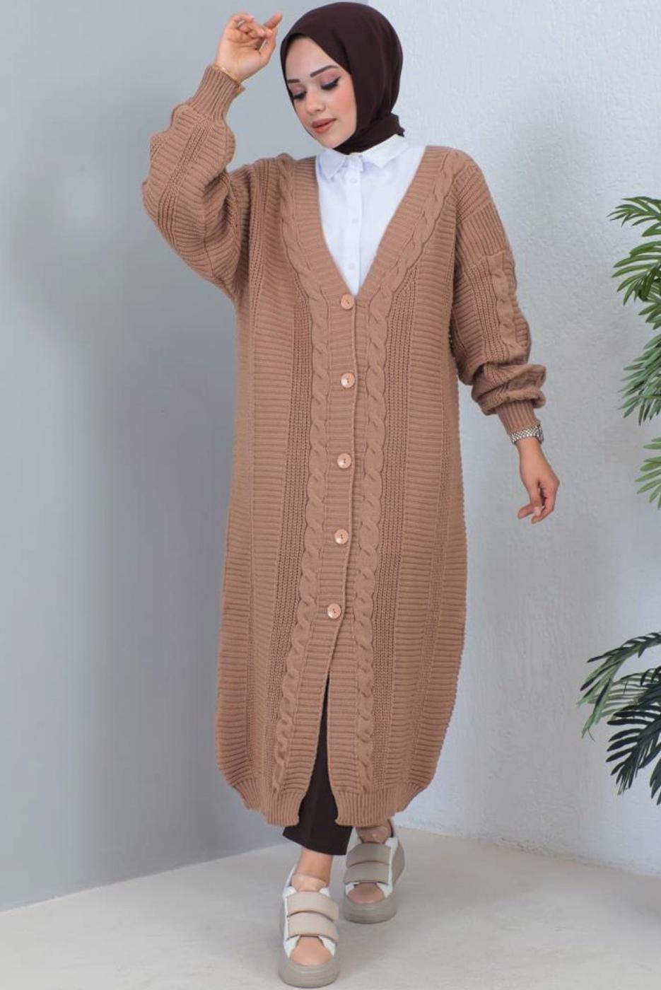 Vêtements hijab BRUN CARDIGAN LONG EN TRICOT T 0763