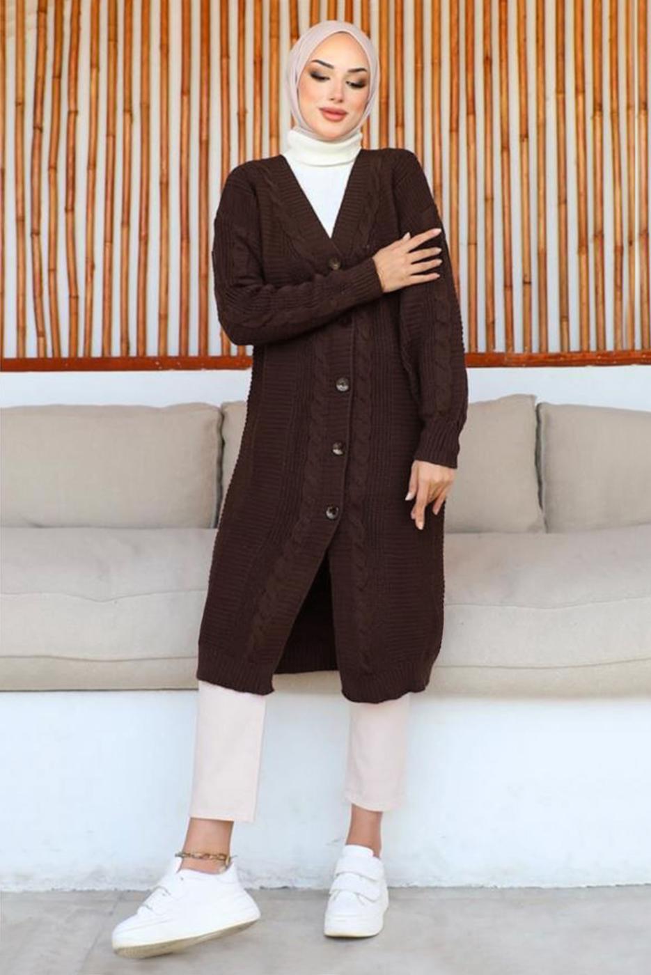 Tesettür giyim KAHVE UZUN TRİKO HIRKA T 0763