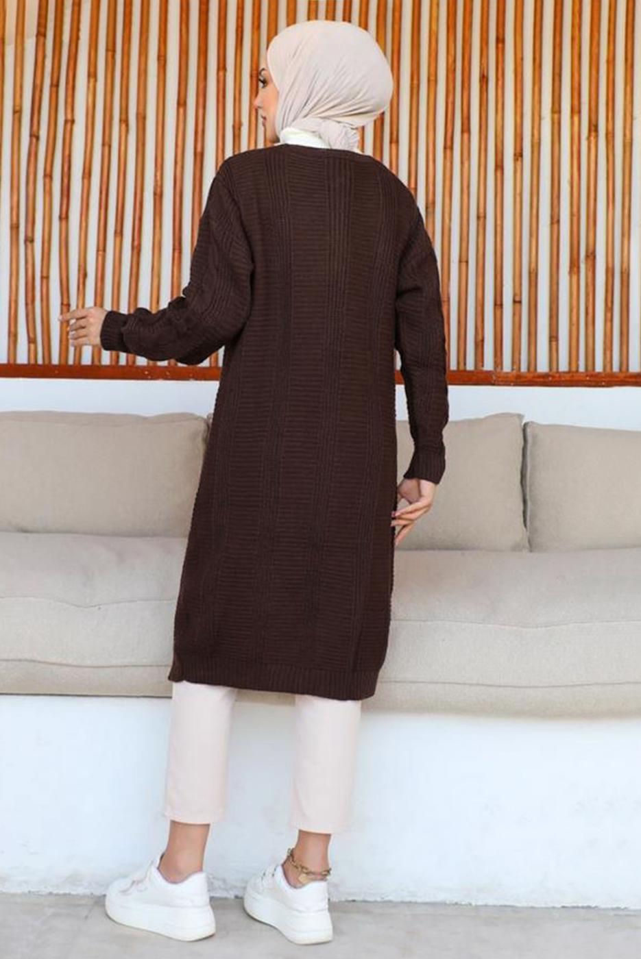 Tesettür giyim KAHVE UZUN TRİKO HIRKA T 0763