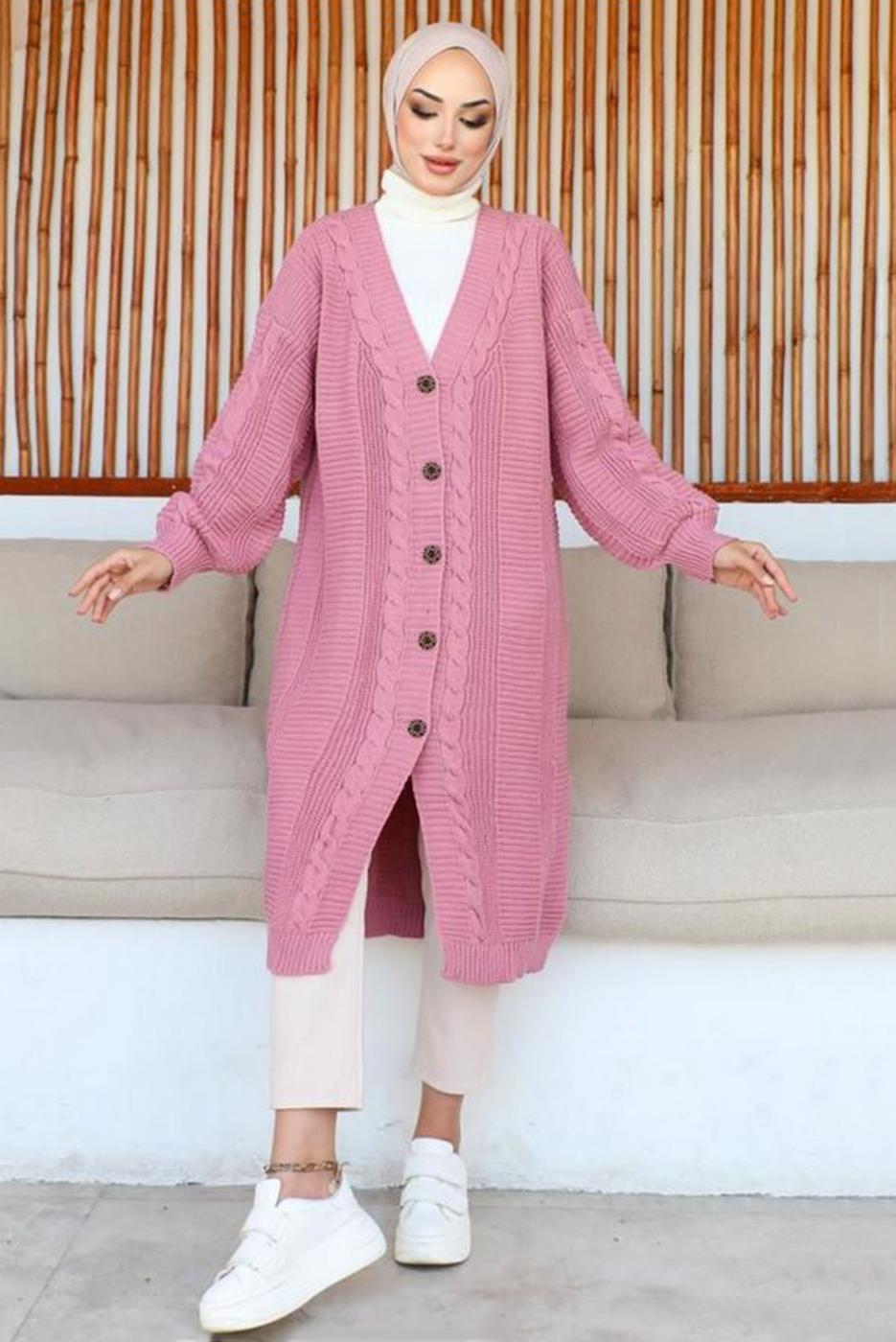 Tesettür giyim PEMBE UZUN TRİKO HIRKA T 0763